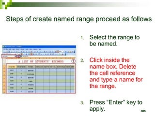 305
Steps of create named range proceed as follows
1. Select the range to
be named.
2. Click inside the
name box. Delete
the cell reference
and type a name for
the range.
3. Press “Enter” key to
apply.
 