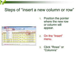 Steps of “insert a new column or row”
1. Position the pointer
where the new row
or column will
appear.
2. On the “Insert”
menu.
3. Click “Rows” or
“Columns”
 