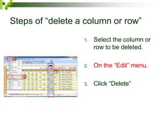 Steps of “delete a column or row”
1. Select the column or
row to be deleted.
2. On the “Edit” menu.
3. Click “Delete”
 