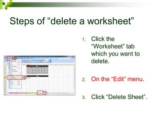 Steps of “delete a worksheet”
1. Click the
“Worksheet” tab
which you want to
delete.
2. On the “Edit” menu.
3. Click “Delete Sheet”.
 