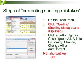 Steps of “correcting spelling mistakes”
1. On the “Tool” menu.
2. Click “Spelling”
(Spelling dialog box is
displayed).
3. Click a button. Ignore
Once, Ignore All, Add to
Dictionary, Change,
Change All or
AutoCorrect.
NB; shortcut key
F7
 
