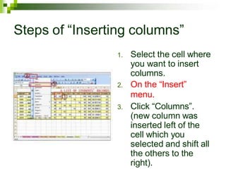 Steps of “Inserting columns”
1. Select the cell where
you want to insert
columns.
2. On the “Insert”
menu.
3. Click “Columns”.
(new column was
inserted left of the
cell which you
selected and shift all
the others to the
right).
 