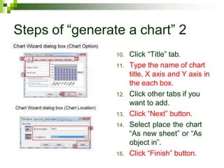 Steps of “generate a chart” 2
10. Click “Title” tab.
11. Type the name of chart
title, X axis and Y axis in
the each box.
12. Click other tabs if you
want to add.
13. Click “Next” button.
14. Select place the chart
“As new sheet” or “As
object in”.
15. Click “Finish” button.
 