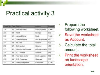 1. Prepare the
following worksheet.
2. Save the worksheet
as Account.
3. Calculate the total
amount.
4. Print the worksheet
on landscape
orientation.
416
Practical activity 3
 