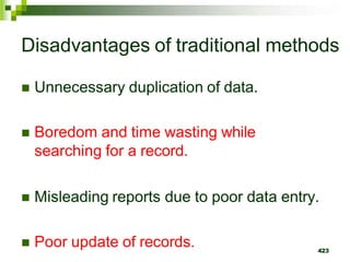 Disadvantages of traditional methods
 Unnecessary duplication of data.
 Boredom and time wasting while
searching for a record.
 Misleading reports due to poor data entry.
 Poor update of records. 423
 