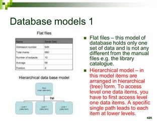 Database models 1
 Flat files – this model of
database holds only one
set of data and is not any
different from the manual
files e.g. the library
catalogue.
 Hierarchical model – in
this model items are
arranged in hierarchical
(tree) form. To access
level one data items, you
have to first access level
one data items. A specific
single path leads to each
item at lower levels.
425
 