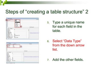 Steps of “creating a table structure” 2
5. Type a unique name
for each field in the
table.
6. Select “Data Type”
from the down arrow
list.
7. Add the other fields.
 