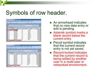 Symbols of row header.
 An arrowhead indicates
that no new data entry or
edit is pending.
 Asterisk symbol marks a
blank record below the
current entry.
 Pencil symbol indicates
that the current record
entry is not yet saved.
 Record locked indicates
that the current record is
being edited by another
user in a multi-user or
networked environment.
 
