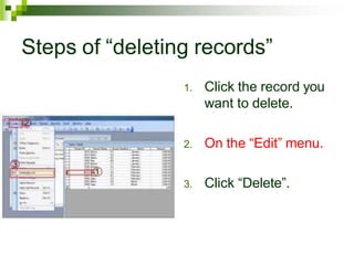 Steps of “deleting records”
1. Click the record you
want to delete.
2. On the “Edit” menu.
3. Click “Delete”.
 