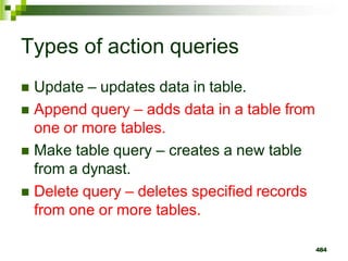 Types of action queries
 Update – updates data in table.
 Append query – adds data in a table from
one or more tables.
 Make table query – creates a new table
from a dynast.
 Delete query – deletes specified records
from one or more tables.
484
 