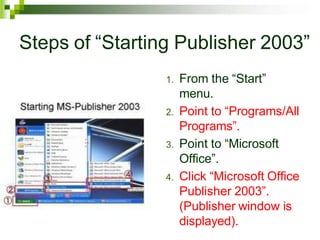 Steps of “Starting Publisher 2003”
1. From the “Start”
menu.
2. Point to “Programs/All
Programs”.
3. Point to “Microsoft
Office”.
4. Click “Microsoft Office
Publisher 2003”.
(Publisher window is
displayed).
 