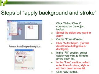 Steps of “apply background and stroke”
1. Click “Select Object”
command on the object
toolbar.
2. Select the object you want to
apply.
3. On the “Format” menu.
4. Click “AutoShape”. (Format
AutoShape dialog box is
displayed).
5. In the “Fill” section, select
colour you want to fill from
arrow down list.
6. In the “Line” section, select
outer line of colour, style or
etc from down arrow list.
7. Click “OK” button.
 