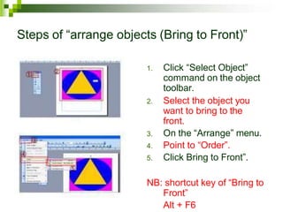 Steps of “arrange objects (Bring to Front)”
1. Click “Select Object”
command on the object
toolbar.
2. Select the object you
want to bring to the
front.
3. On the “Arrange” menu.
4. Point to “Order”.
5. Click Bring to Front”.
NB: shortcut key of “Bring to
Front”
Alt + F6
 