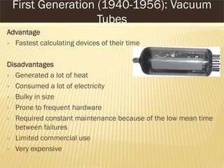 Advantage
 Fastest calculating devices of their time
Disadvantages
 Generated a lot of heat
 Consumed a lot of electricity
 Bulky in size
 Prone to frequent hardware
 Required constant maintenance because of the low mean time
between failures
 Limited commercial use
 Very expensive
First Generation (1940-1956): Vacuum
Tubes
 