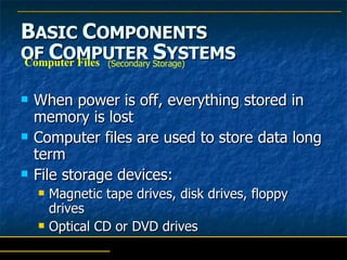 B ASIC  C OMPONENTS   OF  C OMPUTER  S YSTEMS When power is off, everything stored in memory is lost Computer files are used to store data long term File storage devices: Magnetic tape drives, disk drives, floppy drives Optical CD or DVD drives Computer Files (Secondary Storage) 