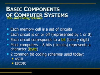 B ASIC  C OMPONENTS   OF  C OMPUTER  S YSTEMS Each memory cell is a set of circuits Each circuit is on or off (represented by 1 or 0) Each circuit corresponds to a  bit  (binary digit) Most computers – 8 bits (circuits) represents a character ( byte ) 2 common bit coding schemes used today: ASCII EBCDIC  Bits and Coding Schemes 
