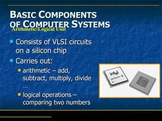 B ASIC  C OMPONENTS   OF  C OMPUTER  S YSTEMS Consists of VLSI circuits on a silicon chip Carries out:  arithmetic – add, subtract, multiply, divide … logical operations – comparing two numbers Arithmetic/Logical Unit 