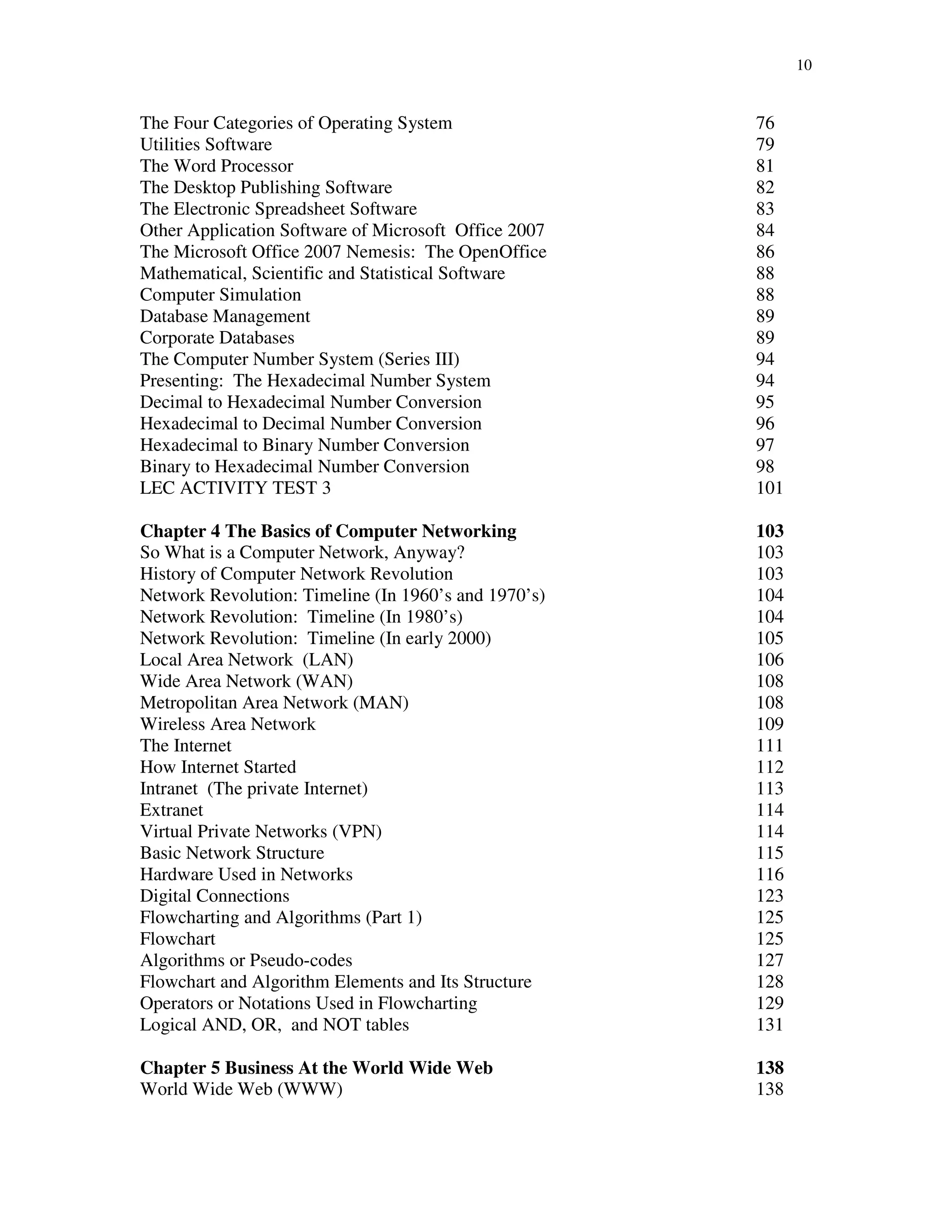 10
The Four Categories of Operating System 76
Utilities Software 79
The Word Processor 81
The Desktop Publishing Software 82
The Electronic Spreadsheet Software 83
Other Application Software of Microsoft Office 2007 84
The Microsoft Office 2007 Nemesis: The OpenOffice 86
Mathematical, Scientific and Statistical Software 88
Computer Simulation 88
Database Management 89
Corporate Databases 89
The Computer Number System (Series III) 94
Presenting: The Hexadecimal Number System 94
Decimal to Hexadecimal Number Conversion 95
Hexadecimal to Decimal Number Conversion 96
Hexadecimal to Binary Number Conversion 97
Binary to Hexadecimal Number Conversion 98
LEC ACTIVITY TEST 3 101
Chapter 4 The Basics of Computer Networking 103
So What is a Computer Network, Anyway? 103
History of Computer Network Revolution 103
Network Revolution: Timeline (In 1960’s and 1970’s) 104
Network Revolution: Timeline (In 1980’s) 104
Network Revolution: Timeline (In early 2000) 105
Local Area Network (LAN) 106
Wide Area Network (WAN) 108
Metropolitan Area Network (MAN) 108
Wireless Area Network 109
The Internet 111
How Internet Started 112
Intranet (The private Internet) 113
Extranet 114
Virtual Private Networks (VPN) 114
Basic Network Structure 115
Hardware Used in Networks 116
Digital Connections 123
Flowcharting and Algorithms (Part 1) 125
Flowchart 125
Algorithms or Pseudo-codes 127
Flowchart and Algorithm Elements and Its Structure 128
Operators or Notations Used in Flowcharting 129
Logical AND, OR, and NOT tables 131
Chapter 5 Business At the World Wide Web 138
World Wide Web (WWW) 138
 