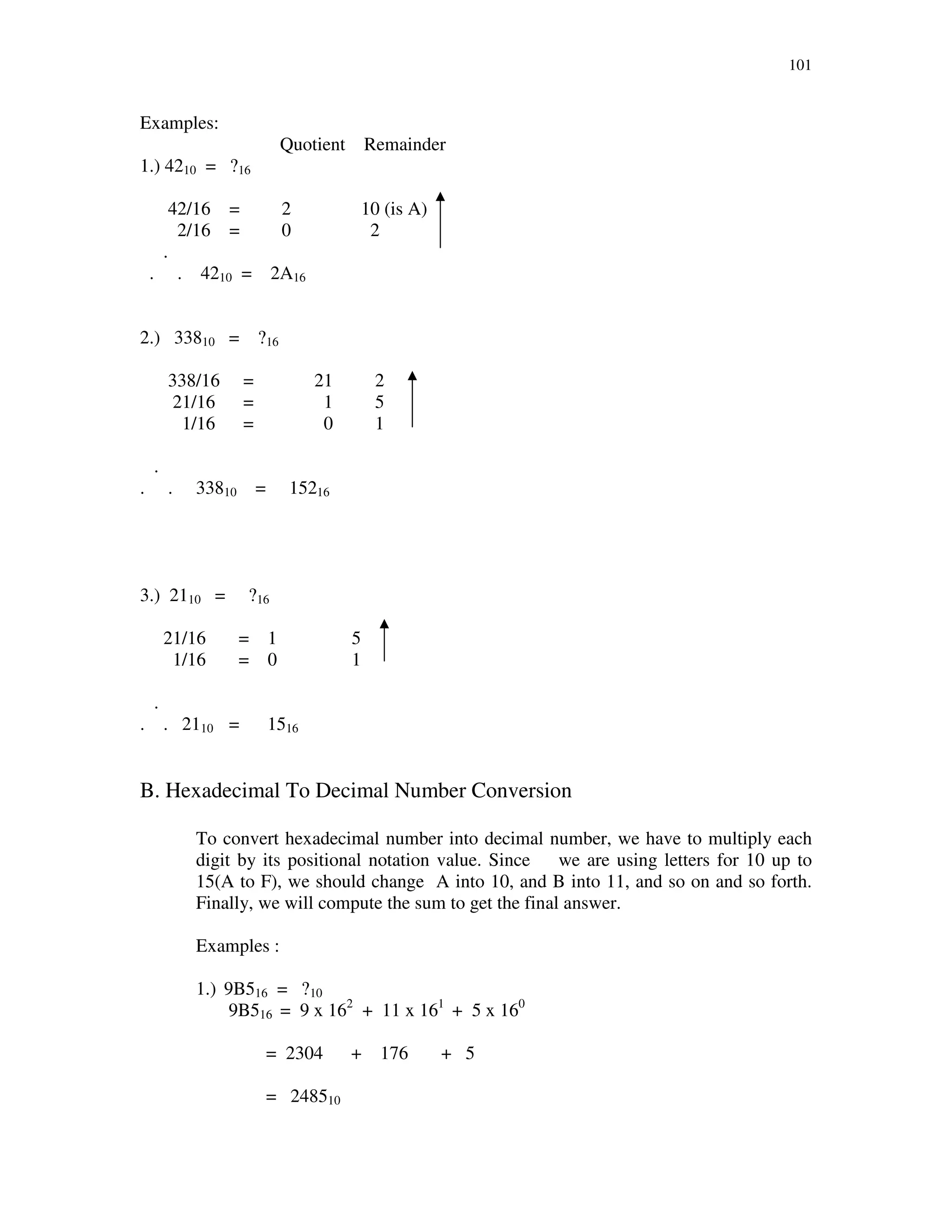 101
Examples:
Quotient Remainder
1.) 4210 = ?16
42/16 = 2 10 (is A)
2/16 = 0 2
.
. . 4210 = 2A16
2.) 33810 = ?16
338/16 = 21 2
21/16 = 1 5
1/16 = 0 1
.
. . 33810 = 15216
3.) 2110 = ?16
21/16 = 1 5
1/16 = 0 1
.
. . 2110 = 1516
B. Hexadecimal To Decimal Number Conversion
To convert hexadecimal number into decimal number, we have to multiply each
digit by its positional notation value. Since we are using letters for 10 up to
15(A to F), we should change A into 10, and B into 11, and so on and so forth.
Finally, we will compute the sum to get the final answer.
Examples :
1.) 9B516 = ?10
9B516 = 9 x 162
+ 11 x 161
+ 5 x 160
= 2304 + 176 + 5
= 248510
 