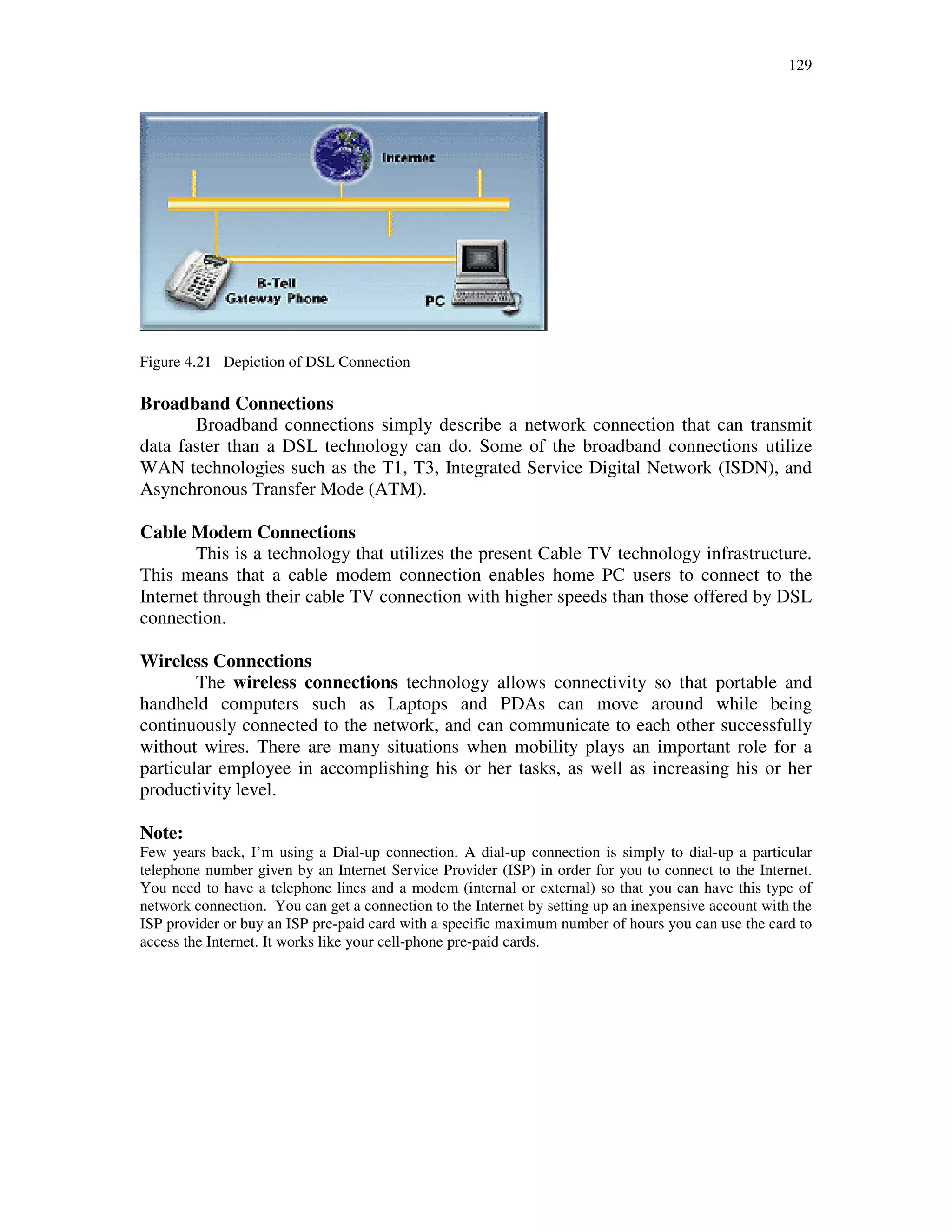 129
Figure 4.21 Depiction of DSL Connection
Broadband Connections
Broadband connections simply describe a network connection that can transmit
data faster than a DSL technology can do. Some of the broadband connections utilize
WAN technologies such as the T1, T3, Integrated Service Digital Network (ISDN), and
Asynchronous Transfer Mode (ATM).
Cable Modem Connections
This is a technology that utilizes the present Cable TV technology infrastructure.
This means that a cable modem connection enables home PC users to connect to the
Internet through their cable TV connection with higher speeds than those offered by DSL
connection.
Wireless Connections
The wireless connections technology allows connectivity so that portable and
handheld computers such as Laptops and PDAs can move around while being
continuously connected to the network, and can communicate to each other successfully
without wires. There are many situations when mobility plays an important role for a
particular employee in accomplishing his or her tasks, as well as increasing his or her
productivity level.
Note:
Few years back, I’m using a Dial-up connection. A dial-up connection is simply to dial-up a particular
telephone number given by an Internet Service Provider (ISP) in order for you to connect to the Internet.
You need to have a telephone lines and a modem (internal or external) so that you can have this type of
network connection. You can get a connection to the Internet by setting up an inexpensive account with the
ISP provider or buy an ISP pre-paid card with a specific maximum number of hours you can use the card to
access the Internet. It works like your cell-phone pre-paid cards.
 
