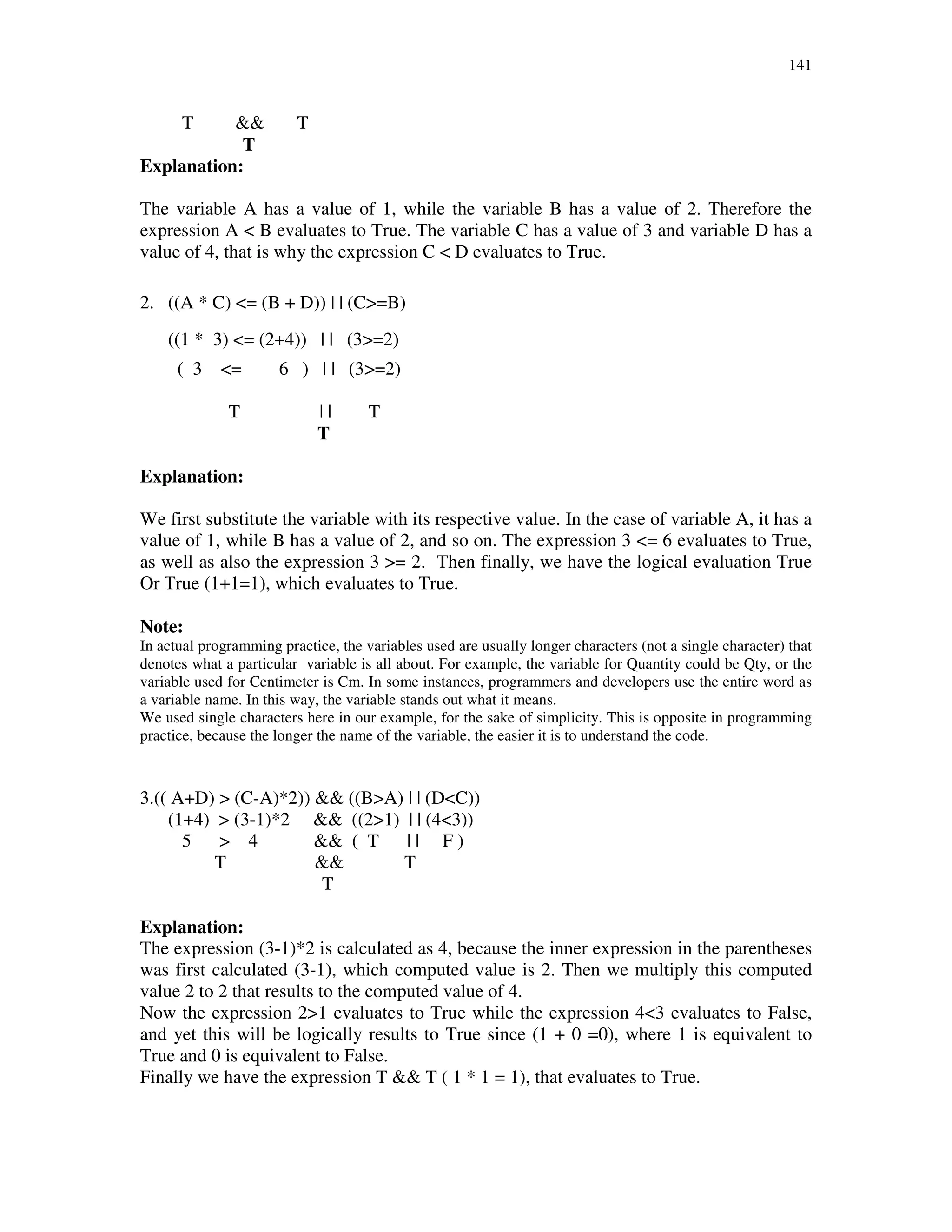 141
T && T
T
Explanation:
The variable A has a value of 1, while the variable B has a value of 2. Therefore the
expression A < B evaluates to True. The variable C has a value of 3 and variable D has a
value of 4, that is why the expression C < D evaluates to True.
2. ((A * C) <= (B + D)) | | (C>=B)
((1 * 3) <= (2+4)) | | (3>=2)
( 3 <= 6 ) | | (3>=2)
T | | T
T
Explanation:
We first substitute the variable with its respective value. In the case of variable A, it has a
value of 1, while B has a value of 2, and so on. The expression 3 <= 6 evaluates to True,
as well as also the expression 3 >= 2. Then finally, we have the logical evaluation True
Or True (1+1=1), which evaluates to True.
Note:
In actual programming practice, the variables used are usually longer characters (not a single character) that
denotes what a particular variable is all about. For example, the variable for Quantity could be Qty, or the
variable used for Centimeter is Cm. In some instances, programmers and developers use the entire word as
a variable name. In this way, the variable stands out what it means.
We used single characters here in our example, for the sake of simplicity. This is opposite in programming
practice, because the longer the name of the variable, the easier it is to understand the code.
3.(( A+D) > (C-A)*2)) && ((B>A) | | (D<C))
(1+4) > (3-1)*2 && ((2>1) | | (4<3))
5 > 4 && ( T | | F )
T && T
T
Explanation:
The expression (3-1)*2 is calculated as 4, because the inner expression in the parentheses
was first calculated (3-1), which computed value is 2. Then we multiply this computed
value 2 to 2 that results to the computed value of 4.
Now the expression 2>1 evaluates to True while the expression 4<3 evaluates to False,
and yet this will be logically results to True since (1 + 0 =0), where 1 is equivalent to
True and 0 is equivalent to False.
Finally we have the expression T && T ( 1 * 1 = 1), that evaluates to True.
 