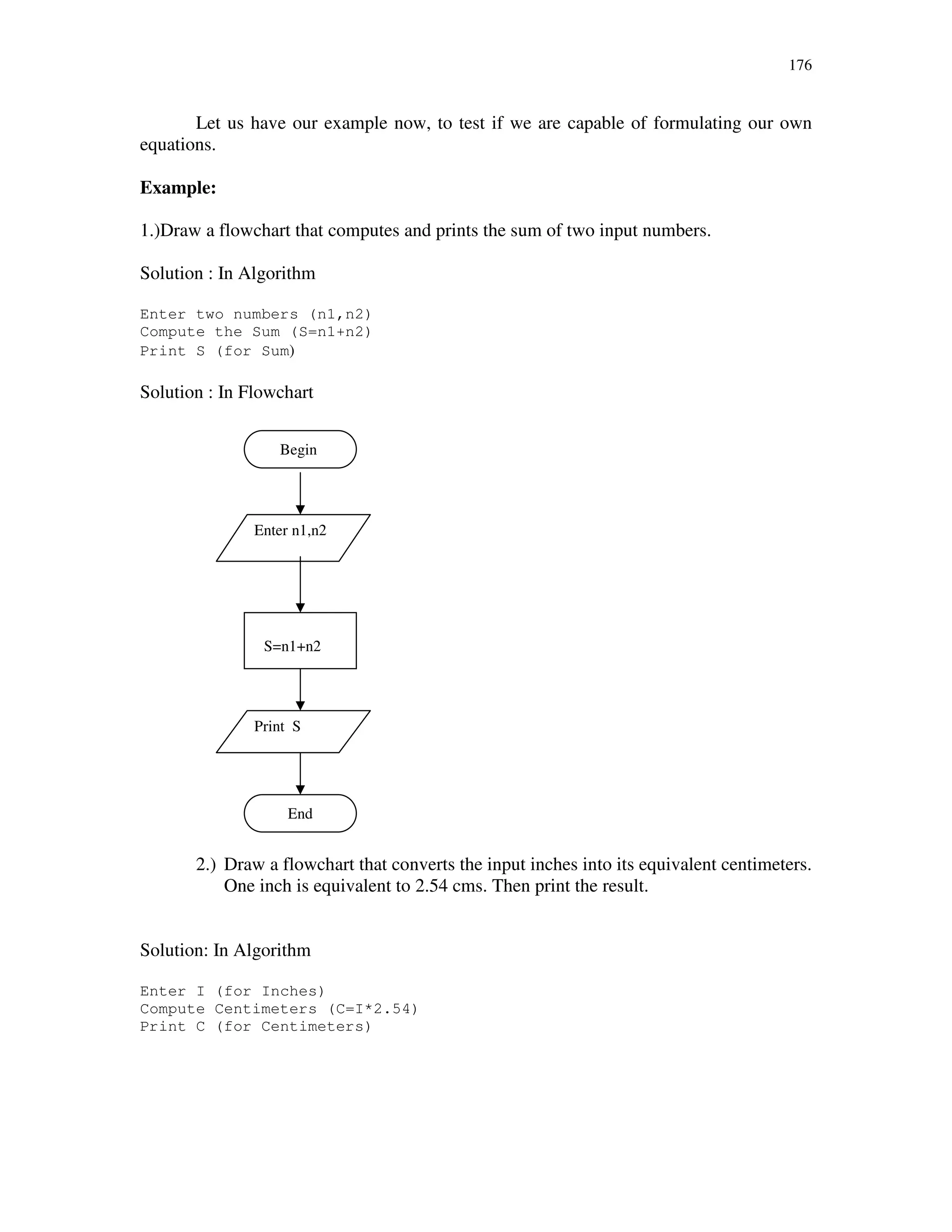 176
Let us have our example now, to test if we are capable of formulating our own
equations.
Example:
1.)Draw a flowchart that computes and prints the sum of two input numbers.
Solution : In Algorithm
Enter two numbers (n1,n2)
Compute the Sum (S=n1+n2)
Print S (for Sum)
Solution : In Flowchart
2.) Draw a flowchart that converts the input inches into its equivalent centimeters.
One inch is equivalent to 2.54 cms. Then print the result.
Solution: In Algorithm
Enter I (for Inches)
Compute Centimeters (C=I*2.54)
Print C (for Centimeters)
Begin
Enter n1,n2
S=n1+n2
Print S
End
 