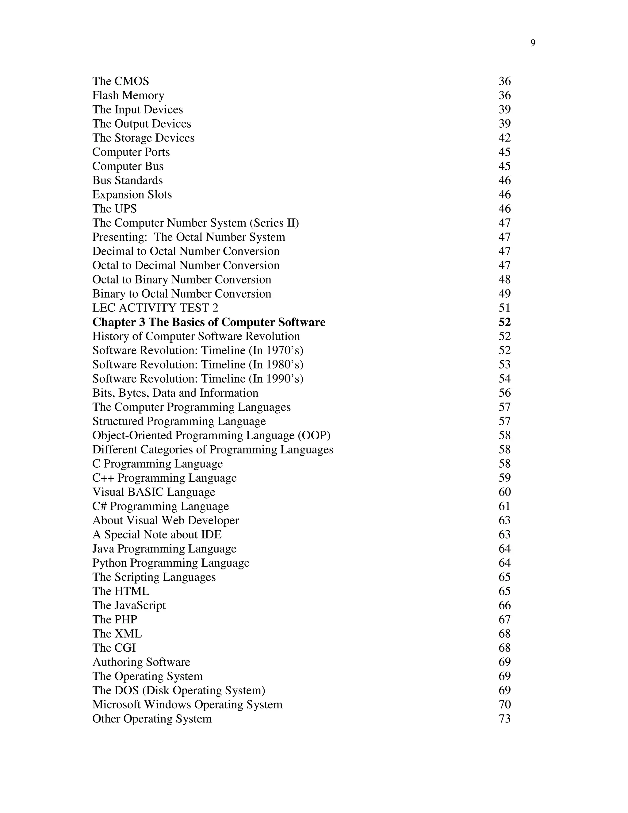 9
The CMOS 36
Flash Memory 36
The Input Devices 39
The Output Devices 39
The Storage Devices 42
Computer Ports 45
Computer Bus 45
Bus Standards 46
Expansion Slots 46
The UPS 46
The Computer Number System (Series II) 47
Presenting: The Octal Number System 47
Decimal to Octal Number Conversion 47
Octal to Decimal Number Conversion 47
Octal to Binary Number Conversion 48
Binary to Octal Number Conversion 49
LEC ACTIVITY TEST 2 51
Chapter 3 The Basics of Computer Software 52
History of Computer Software Revolution 52
Software Revolution: Timeline (In 1970’s) 52
Software Revolution: Timeline (In 1980’s) 53
Software Revolution: Timeline (In 1990’s) 54
Bits, Bytes, Data and Information 56
The Computer Programming Languages 57
Structured Programming Language 57
Object-Oriented Programming Language (OOP) 58
Different Categories of Programming Languages 58
C Programming Language 58
C++ Programming Language 59
Visual BASIC Language 60
C# Programming Language 61
About Visual Web Developer 63
A Special Note about IDE 63
Java Programming Language 64
Python Programming Language 64
The Scripting Languages 65
The HTML 65
The JavaScript 66
The PHP 67
The XML 68
The CGI 68
Authoring Software 69
The Operating System 69
The DOS (Disk Operating System) 69
Microsoft Windows Operating System 70
Other Operating System 73
 