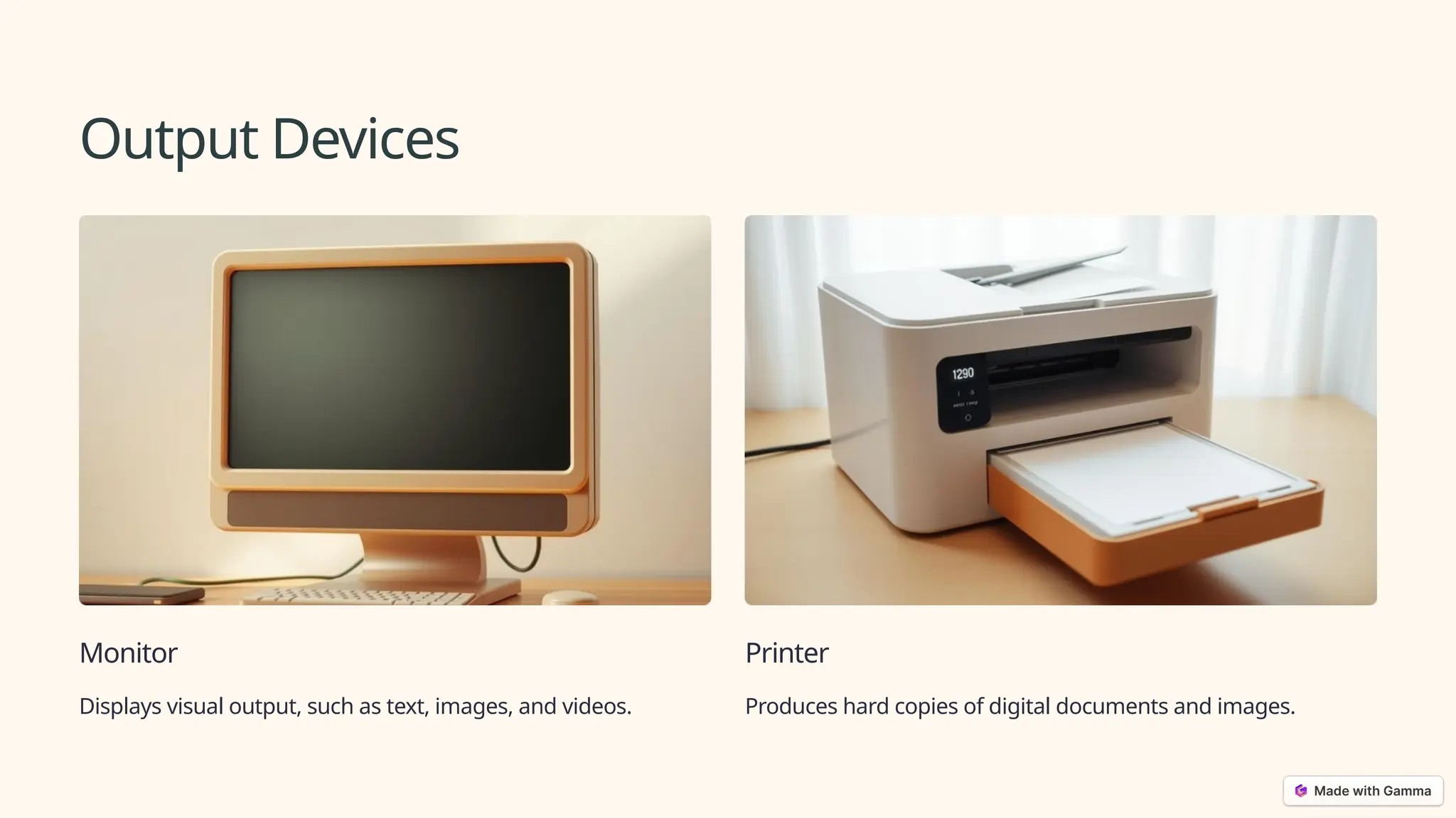 Output Devices
Monitor
Displays visual output, such as text, images, and videos.
Printer
Produces hard copies of digital documents and images.
 