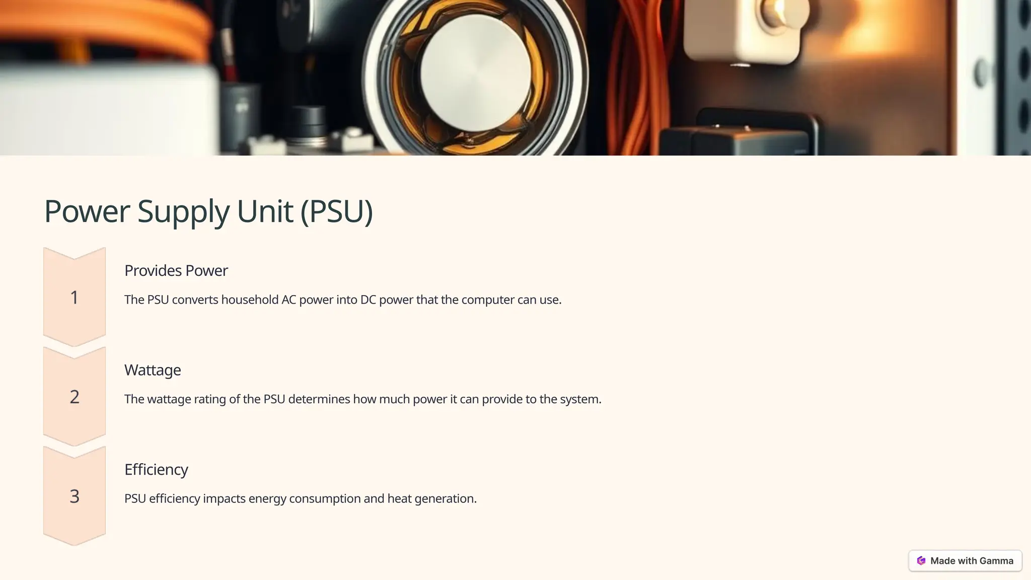 Power Supply Unit (PSU)
Provides Power
The PSU converts household AC power into DC power that the computer can use.
Wattage
The wattage rating of the PSU determines how much power it can provide to the system.
Efficiency
PSU efficiency impacts energy consumption and heat generation.
 