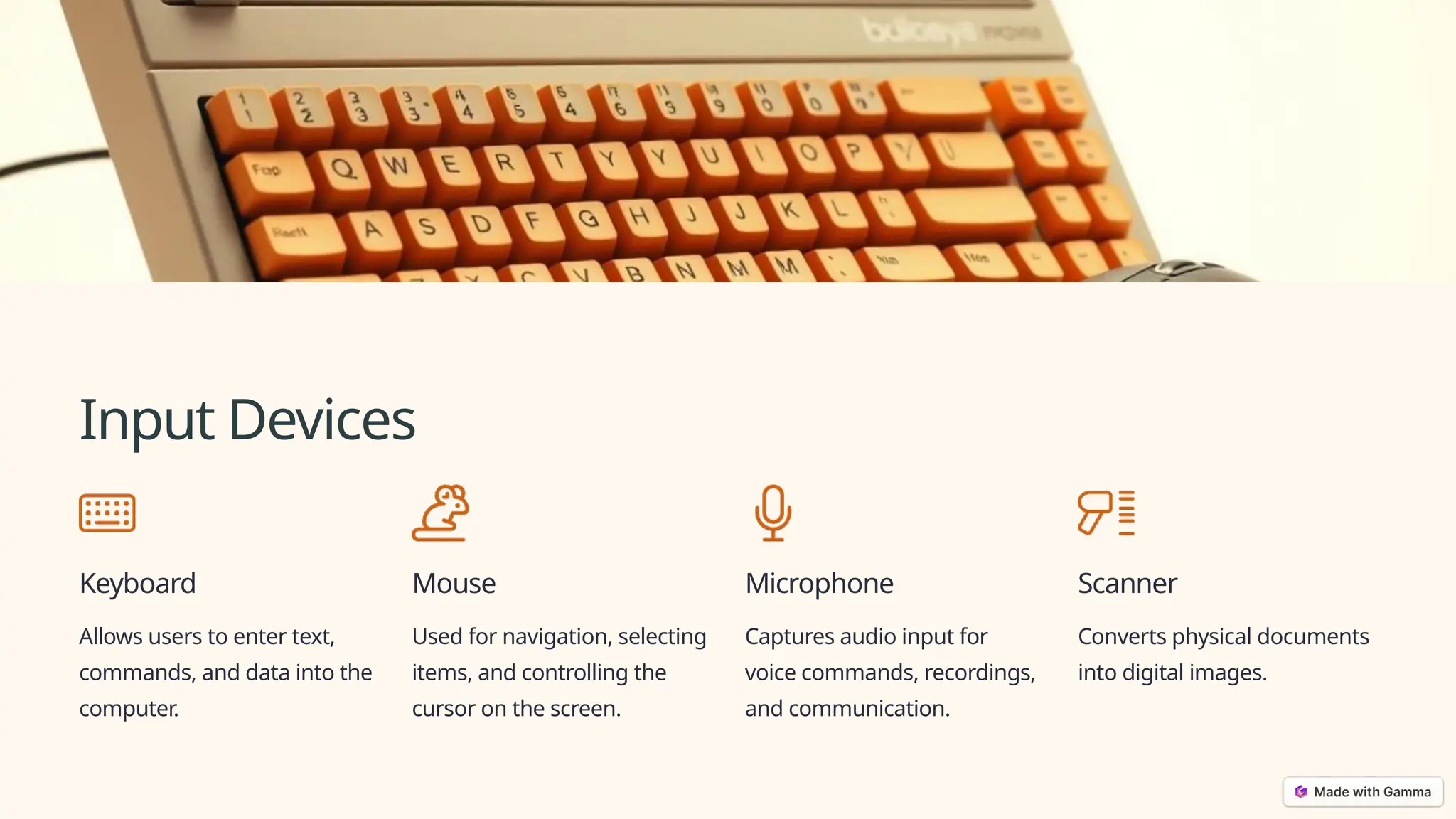 Input Devices
Keyboard
Allows users to enter text,
commands, and data into the
computer.
Mouse
Used for navigation, selecting
items, and controlling the
cursor on the screen.
Microphone
Captures audio input for
voice commands, recordings,
and communication.
Scanner
Converts physical documents
into digital images.
 