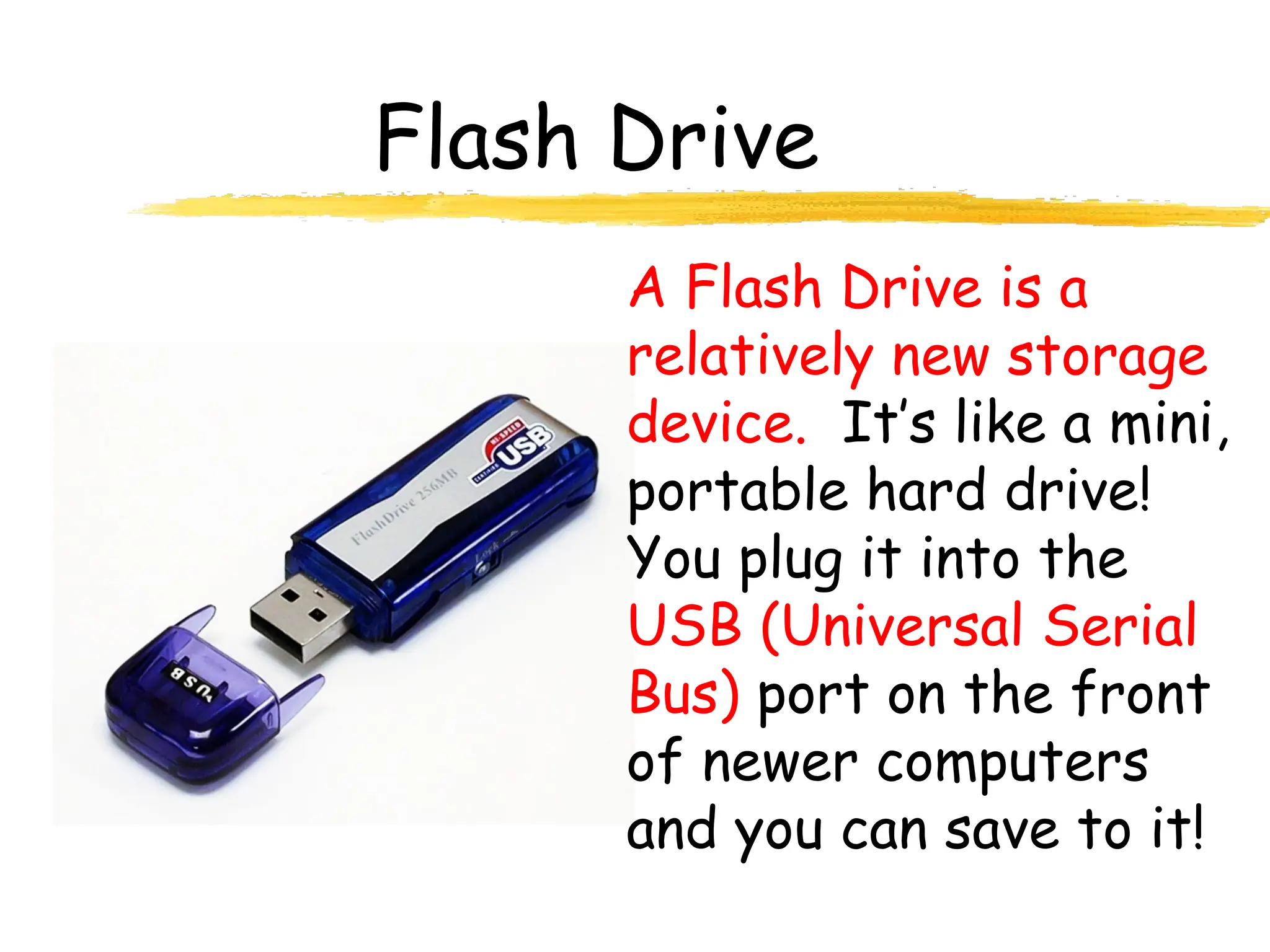 Flash Drive
A Flash Drive is a
relatively new storage
device. It’s like a mini,
portable hard drive!
You plug it into the
USB (Universal Serial
Bus) port on the front
of newer computers
and you can save to it!
 