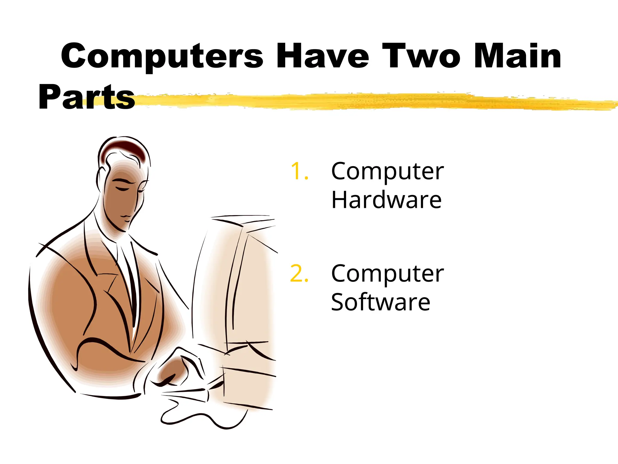 Computers Have Two Main
Parts
1. Computer
Hardware
2. Computer
Software
 