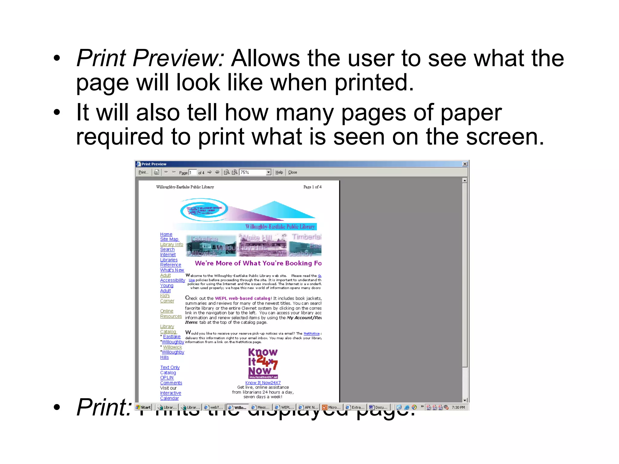 Print Preview:  Allows the user to see what the page will look like when printed.  It will also tell how many pages of paper required to print what is seen on the screen. Print:  Prints the displayed page. 