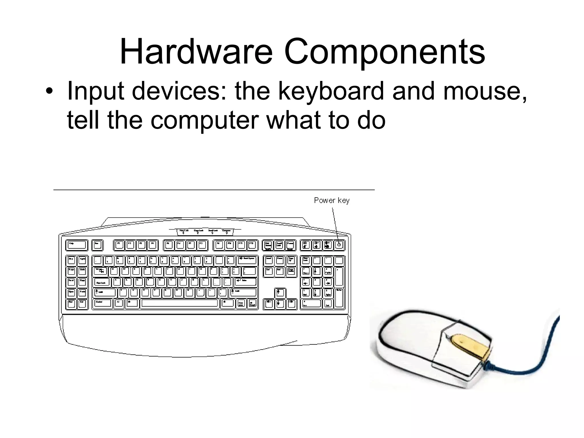 Hardware Components Input devices: the keyboard and mouse, tell the computer what to do  