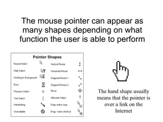The mouse pointer can appear as many shapes depending on what function the user is able to perform The hand shape usually means that the pointer is over a link on the Internet 