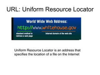 URL: Uniform Resource Locator Uniform Resource Locator is an address that specifies the location of a file on the Internet  