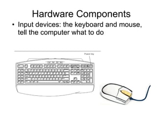 Hardware Components Input devices: the keyboard and mouse, tell the computer what to do  