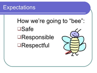 Expectations How we’re going to “bee”: Safe Responsible Respectful 