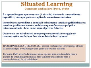 É a aprendizagem que acontece (é situada) dentro de um ambiente
específico, mas que pode ser aplicada em outros contextos

Incentiva os aprendizes a conduzir ativamente tarefas significativas e a
resolver problemas em um ambiente que reflete seus próprios
interesses atuais , bem como seus objetivos futuros

Ocorre em um nível micro sempre que o aprendiz se engaja em
comunicações autênticas fora do ambiente instrucional



HABILIDADE PARA O SÉCULO XXI: acessar e interpretar informações através
da comunicação e colaboração com pessoas de várias culturas

Portanto, CMC através da internet não é apenas uma oportunidade para a
prática da aprendizagem situada, mas também um contexto para o
desenvolvimento de tal habilidade.
 
