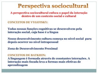 A perspectiva sociocultural enfoca o papel da interação
        dentro de um contexto social e cultural

CONCEITOS DE VYGOTSKY:

Todas nossas funções cognitivas se desenvolvem pela
interação social, cuja base é a língua

Nosso desenvolvimento cultura começa no nível social para
depois ocorrer no nível intrapessoal

Zona de Desenvolvimento Proximal

CONCEITOS DE BATKHIN:
A linguagem é formada através de constantes interações. A
interação mais focada leva a formas mais efetivas de
aprendizagem
 