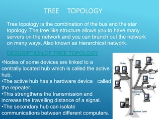 TREE TOPOLOGY
Tree topology is the combination of the bus and the star
topology. The tree like structure allows you to have many
servers on the network and you can branch out the network
on many ways. Also known as hierarchical network.
DESCRIPTION OF TREE TOPOLOGY
•Nodes of some devices are linked to a
centrally located hub which is called the active
hub.
•The active hub has a hardware device called
the repeater.
•This strengthens the transmission and
increase the travelling distance of a signal.
•The secondary hub can isolate
communications between different computers.
 
