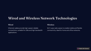Wired a d Wirele Network Tec ologie
Wired
Ethernet cables provide high-speed, reliable
connections, suitable for LANs and high-bandwidth
applications.
Wirele
Wi-Fi uses radio waves to enable mobile and flexible
connectivity, ideal for home and office networks.
 