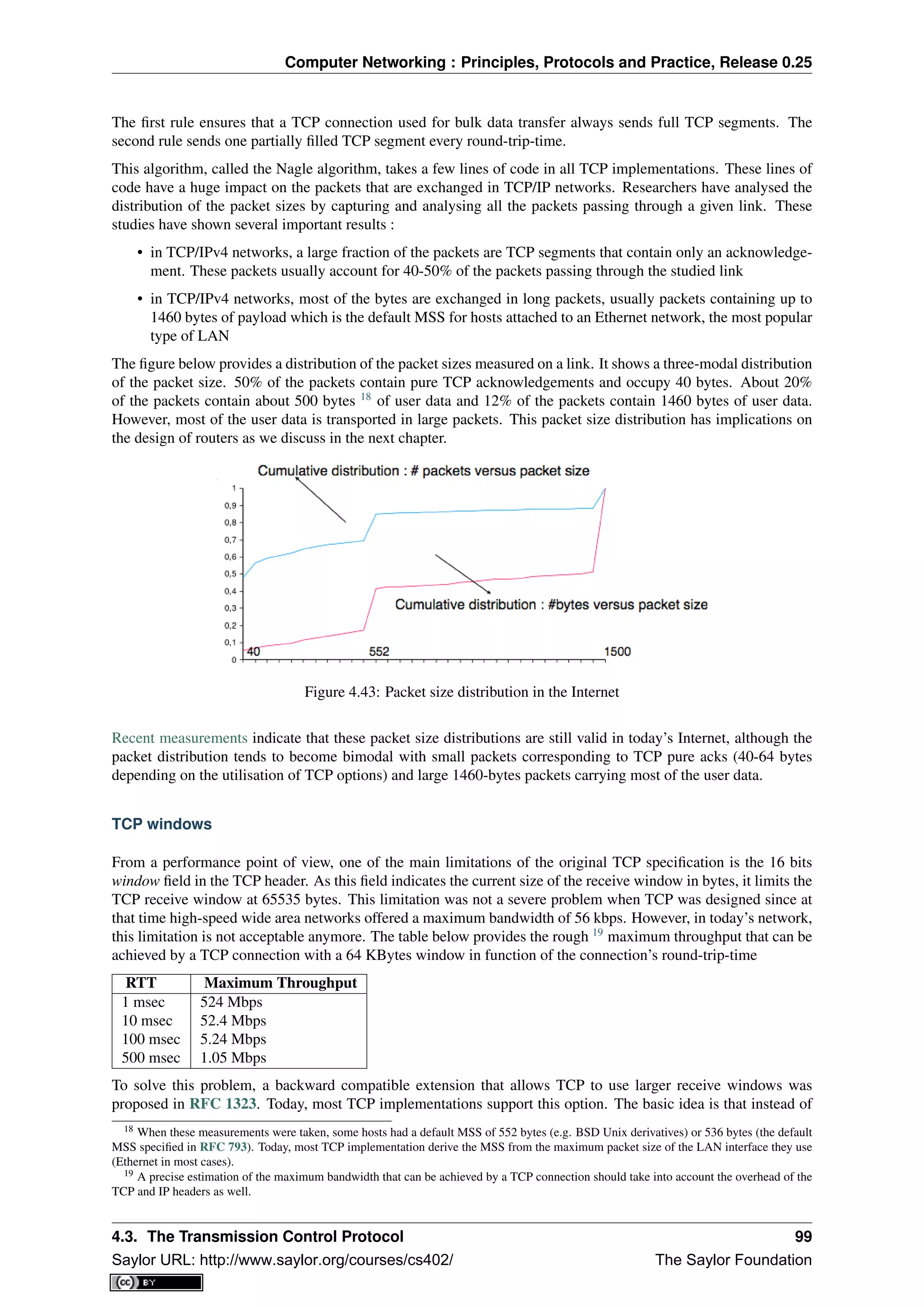 Computer Networking : Principles, Protocols and Practice, Release 0.25
The ﬁrst rule ensures that a TCP connection used for bulk data transfer always sends full TCP segments. The
second rule sends one partially ﬁlled TCP segment every round-trip-time.
This algorithm, called the Nagle algorithm, takes a few lines of code in all TCP implementations. These lines of
code have a huge impact on the packets that are exchanged in TCP/IP networks. Researchers have analysed the
distribution of the packet sizes by capturing and analysing all the packets passing through a given link. These
studies have shown several important results :
• in TCP/IPv4 networks, a large fraction of the packets are TCP segments that contain only an acknowledge-
ment. These packets usually account for 40-50% of the packets passing through the studied link
• in TCP/IPv4 networks, most of the bytes are exchanged in long packets, usually packets containing up to
1460 bytes of payload which is the default MSS for hosts attached to an Ethernet network, the most popular
type of LAN
The ﬁgure below provides a distribution of the packet sizes measured on a link. It shows a three-modal distribution
of the packet size. 50% of the packets contain pure TCP acknowledgements and occupy 40 bytes. About 20%
of the packets contain about 500 bytes 18
of user data and 12% of the packets contain 1460 bytes of user data.
However, most of the user data is transported in large packets. This packet size distribution has implications on
the design of routers as we discuss in the next chapter.
Figure 4.43: Packet size distribution in the Internet
Recent measurements indicate that these packet size distributions are still valid in today’s Internet, although the
packet distribution tends to become bimodal with small packets corresponding to TCP pure acks (40-64 bytes
depending on the utilisation of TCP options) and large 1460-bytes packets carrying most of the user data.
TCP windows
From a performance point of view, one of the main limitations of the original TCP speciﬁcation is the 16 bits
window ﬁeld in the TCP header. As this ﬁeld indicates the current size of the receive window in bytes, it limits the
TCP receive window at 65535 bytes. This limitation was not a severe problem when TCP was designed since at
that time high-speed wide area networks offered a maximum bandwidth of 56 kbps. However, in today’s network,
this limitation is not acceptable anymore. The table below provides the rough 19
maximum throughput that can be
achieved by a TCP connection with a 64 KBytes window in function of the connection’s round-trip-time
RTT Maximum Throughput
1 msec 524 Mbps
10 msec 52.4 Mbps
100 msec 5.24 Mbps
500 msec 1.05 Mbps
To solve this problem, a backward compatible extension that allows TCP to use larger receive windows was
proposed in RFC 1323. Today, most TCP implementations support this option. The basic idea is that instead of
18 When these measurements were taken, some hosts had a default MSS of 552 bytes (e.g. BSD Unix derivatives) or 536 bytes (the default
MSS speciﬁed in RFC 793). Today, most TCP implementation derive the MSS from the maximum packet size of the LAN interface they use
(Ethernet in most cases).
19 A precise estimation of the maximum bandwidth that can be achieved by a TCP connection should take into account the overhead of the
TCP and IP headers as well.
4.3. The Transmission Control Protocol 99
Saylor URL: http://www.saylor.org/courses/cs402/ The Saylor Foundation
 