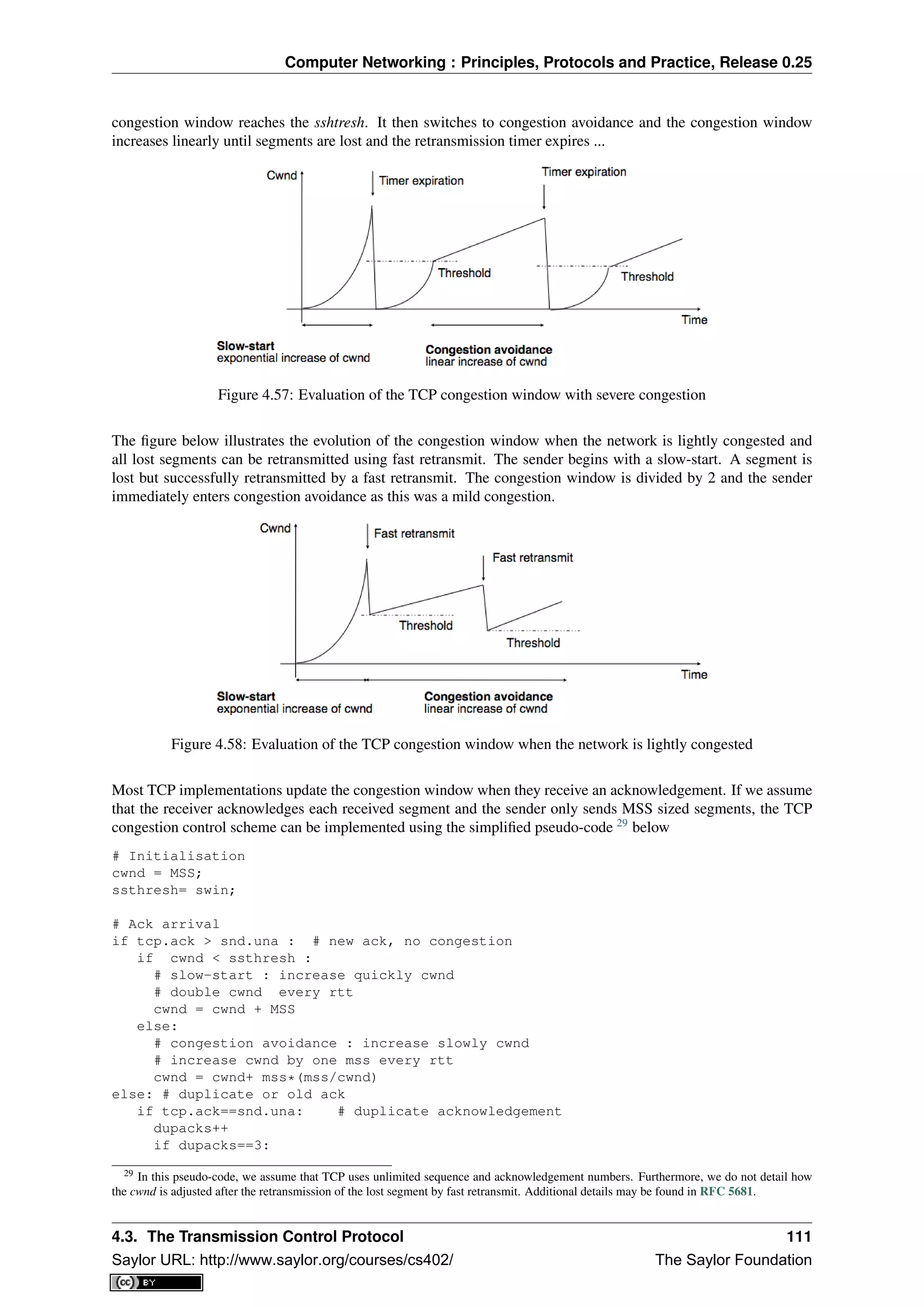 Computer Networking : Principles, Protocols and Practice, Release 0.25
congestion window reaches the sshtresh. It then switches to congestion avoidance and the congestion window
increases linearly until segments are lost and the retransmission timer expires ...
Figure 4.57: Evaluation of the TCP congestion window with severe congestion
The ﬁgure below illustrates the evolution of the congestion window when the network is lightly congested and
all lost segments can be retransmitted using fast retransmit. The sender begins with a slow-start. A segment is
lost but successfully retransmitted by a fast retransmit. The congestion window is divided by 2 and the sender
immediately enters congestion avoidance as this was a mild congestion.
Figure 4.58: Evaluation of the TCP congestion window when the network is lightly congested
Most TCP implementations update the congestion window when they receive an acknowledgement. If we assume
that the receiver acknowledges each received segment and the sender only sends MSS sized segments, the TCP
congestion control scheme can be implemented using the simpliﬁed pseudo-code 29
below
# Initialisation
cwnd = MSS;
ssthresh= swin;
# Ack arrival
if tcp.ack > snd.una : # new ack, no congestion
if cwnd < ssthresh :
# slow-start : increase quickly cwnd
# double cwnd every rtt
cwnd = cwnd + MSS
else:
# congestion avoidance : increase slowly cwnd
# increase cwnd by one mss every rtt
cwnd = cwnd+ mss*(mss/cwnd)
else: # duplicate or old ack
if tcp.ack==snd.una: # duplicate acknowledgement
dupacks++
if dupacks==3:
29 In this pseudo-code, we assume that TCP uses unlimited sequence and acknowledgement numbers. Furthermore, we do not detail how
the cwnd is adjusted after the retransmission of the lost segment by fast retransmit. Additional details may be found in RFC 5681.
4.3. The Transmission Control Protocol 111
Saylor URL: http://www.saylor.org/courses/cs402/ The Saylor Foundation
 