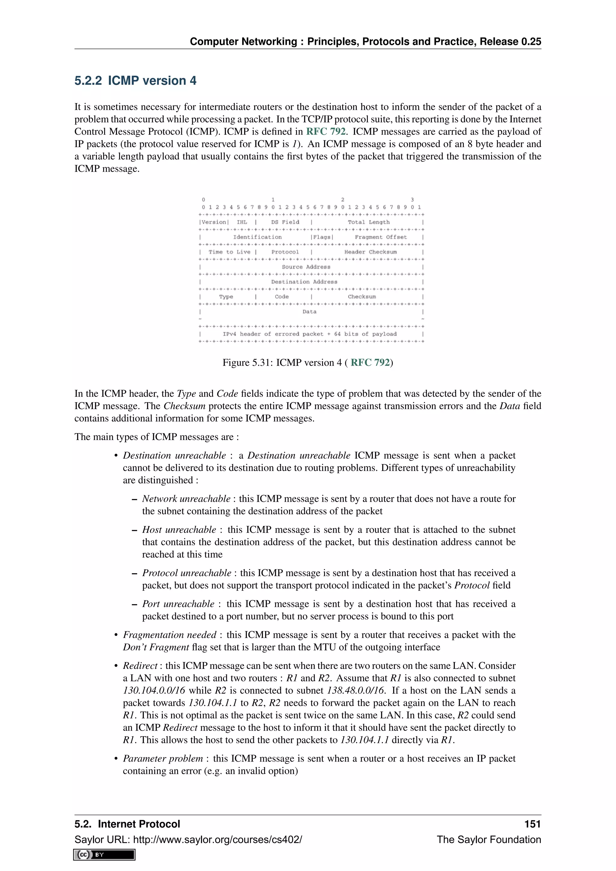 Computer Networking : Principles, Protocols and Practice, Release 0.25
5.2.2 ICMP version 4
It is sometimes necessary for intermediate routers or the destination host to inform the sender of the packet of a
problem that occurred while processing a packet. In the TCP/IP protocol suite, this reporting is done by the Internet
Control Message Protocol (ICMP). ICMP is deﬁned in RFC 792. ICMP messages are carried as the payload of
IP packets (the protocol value reserved for ICMP is 1). An ICMP message is composed of an 8 byte header and
a variable length payload that usually contains the ﬁrst bytes of the packet that triggered the transmission of the
ICMP message.
Figure 5.31: ICMP version 4 ( RFC 792)
In the ICMP header, the Type and Code ﬁelds indicate the type of problem that was detected by the sender of the
ICMP message. The Checksum protects the entire ICMP message against transmission errors and the Data ﬁeld
contains additional information for some ICMP messages.
The main types of ICMP messages are :
• Destination unreachable : a Destination unreachable ICMP message is sent when a packet
cannot be delivered to its destination due to routing problems. Different types of unreachability
are distinguished :
– Network unreachable : this ICMP message is sent by a router that does not have a route for
the subnet containing the destination address of the packet
– Host unreachable : this ICMP message is sent by a router that is attached to the subnet
that contains the destination address of the packet, but this destination address cannot be
reached at this time
– Protocol unreachable : this ICMP message is sent by a destination host that has received a
packet, but does not support the transport protocol indicated in the packet’s Protocol ﬁeld
– Port unreachable : this ICMP message is sent by a destination host that has received a
packet destined to a port number, but no server process is bound to this port
• Fragmentation needed : this ICMP message is sent by a router that receives a packet with the
Don’t Fragment ﬂag set that is larger than the MTU of the outgoing interface
• Redirect : this ICMP message can be sent when there are two routers on the same LAN. Consider
a LAN with one host and two routers : R1 and R2. Assume that R1 is also connected to subnet
130.104.0.0/16 while R2 is connected to subnet 138.48.0.0/16. If a host on the LAN sends a
packet towards 130.104.1.1 to R2, R2 needs to forward the packet again on the LAN to reach
R1. This is not optimal as the packet is sent twice on the same LAN. In this case, R2 could send
an ICMP Redirect message to the host to inform it that it should have sent the packet directly to
R1. This allows the host to send the other packets to 130.104.1.1 directly via R1.
• Parameter problem : this ICMP message is sent when a router or a host receives an IP packet
containing an error (e.g. an invalid option)
5.2. Internet Protocol 151
Saylor URL: http://www.saylor.org/courses/cs402/ The Saylor Foundation
 