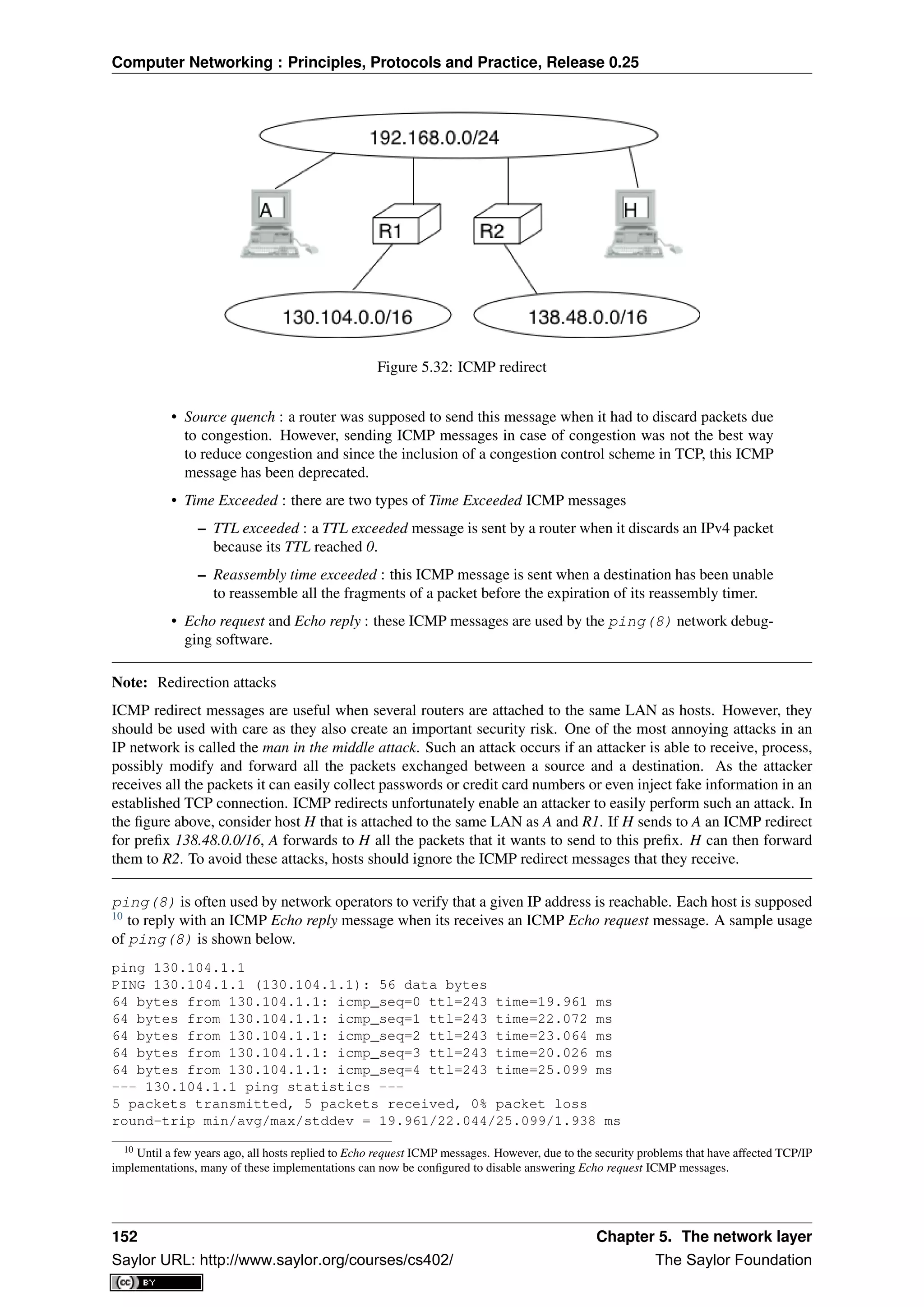 Computer Networking : Principles, Protocols and Practice, Release 0.25
Figure 5.32: ICMP redirect
• Source quench : a router was supposed to send this message when it had to discard packets due
to congestion. However, sending ICMP messages in case of congestion was not the best way
to reduce congestion and since the inclusion of a congestion control scheme in TCP, this ICMP
message has been deprecated.
• Time Exceeded : there are two types of Time Exceeded ICMP messages
– TTL exceeded : a TTL exceeded message is sent by a router when it discards an IPv4 packet
because its TTL reached 0.
– Reassembly time exceeded : this ICMP message is sent when a destination has been unable
to reassemble all the fragments of a packet before the expiration of its reassembly timer.
• Echo request and Echo reply : these ICMP messages are used by the ping(8) network debug-
ging software.
Note: Redirection attacks
ICMP redirect messages are useful when several routers are attached to the same LAN as hosts. However, they
should be used with care as they also create an important security risk. One of the most annoying attacks in an
IP network is called the man in the middle attack. Such an attack occurs if an attacker is able to receive, process,
possibly modify and forward all the packets exchanged between a source and a destination. As the attacker
receives all the packets it can easily collect passwords or credit card numbers or even inject fake information in an
established TCP connection. ICMP redirects unfortunately enable an attacker to easily perform such an attack. In
the ﬁgure above, consider host H that is attached to the same LAN as A and R1. If H sends to A an ICMP redirect
for preﬁx 138.48.0.0/16, A forwards to H all the packets that it wants to send to this preﬁx. H can then forward
them to R2. To avoid these attacks, hosts should ignore the ICMP redirect messages that they receive.
ping(8) is often used by network operators to verify that a given IP address is reachable. Each host is supposed
10
to reply with an ICMP Echo reply message when its receives an ICMP Echo request message. A sample usage
of ping(8) is shown below.
ping 130.104.1.1
PING 130.104.1.1 (130.104.1.1): 56 data bytes
64 bytes from 130.104.1.1: icmp_seq=0 ttl=243 time=19.961 ms
64 bytes from 130.104.1.1: icmp_seq=1 ttl=243 time=22.072 ms
64 bytes from 130.104.1.1: icmp_seq=2 ttl=243 time=23.064 ms
64 bytes from 130.104.1.1: icmp_seq=3 ttl=243 time=20.026 ms
64 bytes from 130.104.1.1: icmp_seq=4 ttl=243 time=25.099 ms
--- 130.104.1.1 ping statistics ---
5 packets transmitted, 5 packets received, 0% packet loss
round-trip min/avg/max/stddev = 19.961/22.044/25.099/1.938 ms
10 Until a few years ago, all hosts replied to Echo request ICMP messages. However, due to the security problems that have affected TCP/IP
implementations, many of these implementations can now be conﬁgured to disable answering Echo request ICMP messages.
152 Chapter 5. The network layer
Saylor URL: http://www.saylor.org/courses/cs402/ The Saylor Foundation
 