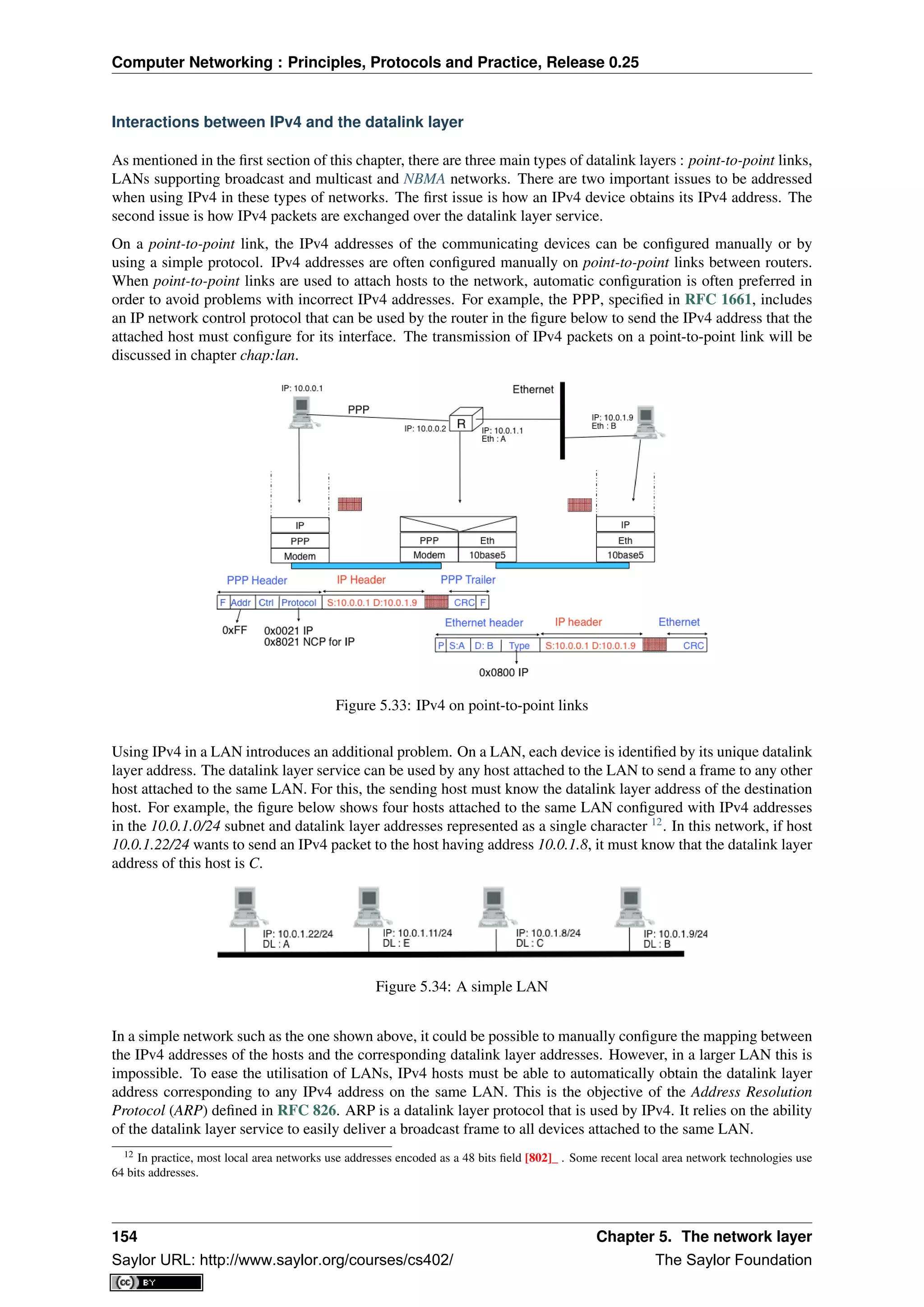 Computer Networking : Principles, Protocols and Practice, Release 0.25
Interactions between IPv4 and the datalink layer
As mentioned in the ﬁrst section of this chapter, there are three main types of datalink layers : point-to-point links,
LANs supporting broadcast and multicast and NBMA networks. There are two important issues to be addressed
when using IPv4 in these types of networks. The ﬁrst issue is how an IPv4 device obtains its IPv4 address. The
second issue is how IPv4 packets are exchanged over the datalink layer service.
On a point-to-point link, the IPv4 addresses of the communicating devices can be conﬁgured manually or by
using a simple protocol. IPv4 addresses are often conﬁgured manually on point-to-point links between routers.
When point-to-point links are used to attach hosts to the network, automatic conﬁguration is often preferred in
order to avoid problems with incorrect IPv4 addresses. For example, the PPP, speciﬁed in RFC 1661, includes
an IP network control protocol that can be used by the router in the ﬁgure below to send the IPv4 address that the
attached host must conﬁgure for its interface. The transmission of IPv4 packets on a point-to-point link will be
discussed in chapter chap:lan.
Figure 5.33: IPv4 on point-to-point links
Using IPv4 in a LAN introduces an additional problem. On a LAN, each device is identiﬁed by its unique datalink
layer address. The datalink layer service can be used by any host attached to the LAN to send a frame to any other
host attached to the same LAN. For this, the sending host must know the datalink layer address of the destination
host. For example, the ﬁgure below shows four hosts attached to the same LAN conﬁgured with IPv4 addresses
in the 10.0.1.0/24 subnet and datalink layer addresses represented as a single character 12
. In this network, if host
10.0.1.22/24 wants to send an IPv4 packet to the host having address 10.0.1.8, it must know that the datalink layer
address of this host is C.
Figure 5.34: A simple LAN
In a simple network such as the one shown above, it could be possible to manually conﬁgure the mapping between
the IPv4 addresses of the hosts and the corresponding datalink layer addresses. However, in a larger LAN this is
impossible. To ease the utilisation of LANs, IPv4 hosts must be able to automatically obtain the datalink layer
address corresponding to any IPv4 address on the same LAN. This is the objective of the Address Resolution
Protocol (ARP) deﬁned in RFC 826. ARP is a datalink layer protocol that is used by IPv4. It relies on the ability
of the datalink layer service to easily deliver a broadcast frame to all devices attached to the same LAN.
12 In practice, most local area networks use addresses encoded as a 48 bits ﬁeld [802]_ . Some recent local area network technologies use
64 bits addresses.
154 Chapter 5. The network layer
Saylor URL: http://www.saylor.org/courses/cs402/ The Saylor Foundation
 