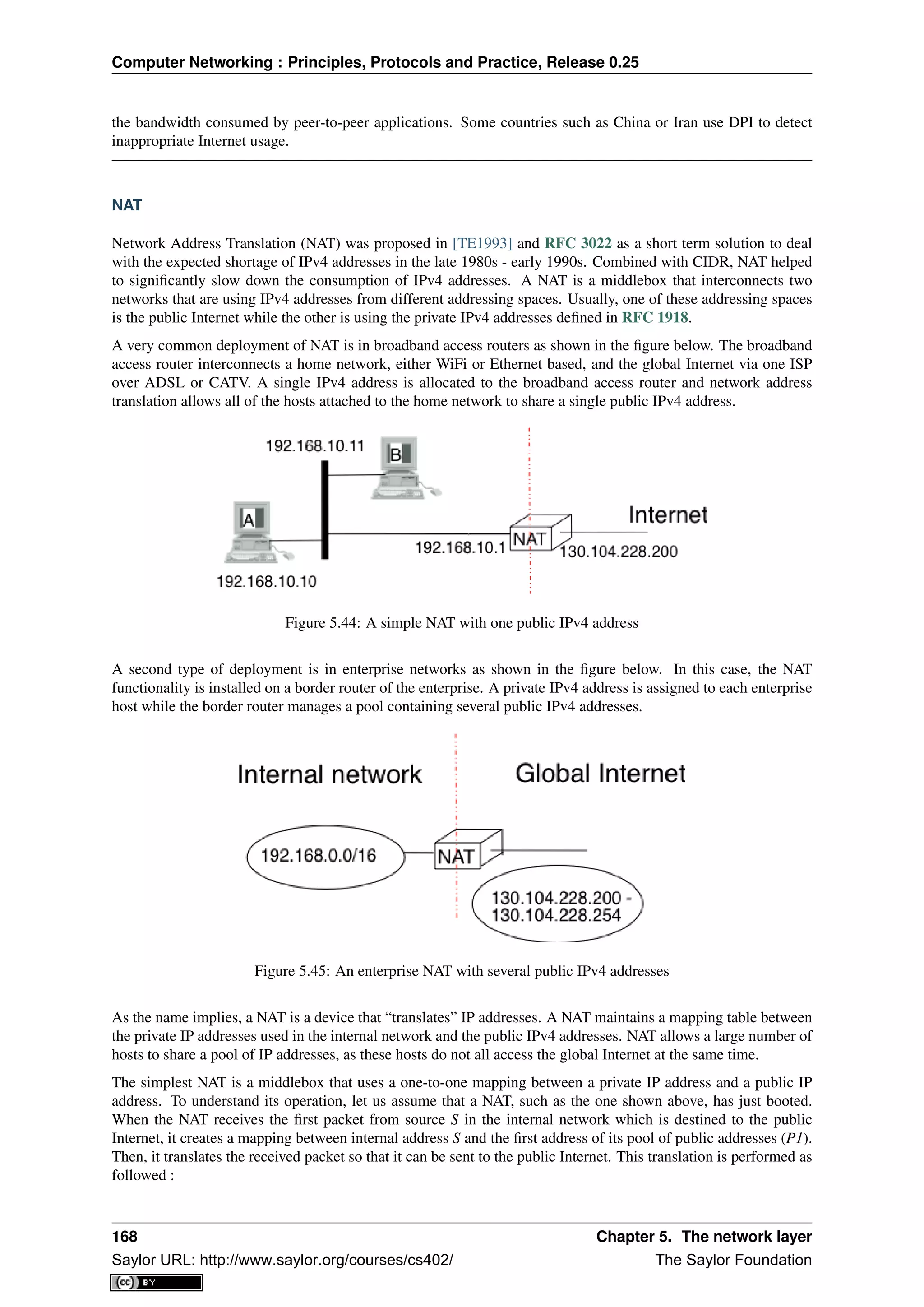 Computer Networking : Principles, Protocols and Practice, Release 0.25
the bandwidth consumed by peer-to-peer applications. Some countries such as China or Iran use DPI to detect
inappropriate Internet usage.
NAT
Network Address Translation (NAT) was proposed in [TE1993] and RFC 3022 as a short term solution to deal
with the expected shortage of IPv4 addresses in the late 1980s - early 1990s. Combined with CIDR, NAT helped
to signiﬁcantly slow down the consumption of IPv4 addresses. A NAT is a middlebox that interconnects two
networks that are using IPv4 addresses from different addressing spaces. Usually, one of these addressing spaces
is the public Internet while the other is using the private IPv4 addresses deﬁned in RFC 1918.
A very common deployment of NAT is in broadband access routers as shown in the ﬁgure below. The broadband
access router interconnects a home network, either WiFi or Ethernet based, and the global Internet via one ISP
over ADSL or CATV. A single IPv4 address is allocated to the broadband access router and network address
translation allows all of the hosts attached to the home network to share a single public IPv4 address.
Figure 5.44: A simple NAT with one public IPv4 address
A second type of deployment is in enterprise networks as shown in the ﬁgure below. In this case, the NAT
functionality is installed on a border router of the enterprise. A private IPv4 address is assigned to each enterprise
host while the border router manages a pool containing several public IPv4 addresses.
Figure 5.45: An enterprise NAT with several public IPv4 addresses
As the name implies, a NAT is a device that “translates” IP addresses. A NAT maintains a mapping table between
the private IP addresses used in the internal network and the public IPv4 addresses. NAT allows a large number of
hosts to share a pool of IP addresses, as these hosts do not all access the global Internet at the same time.
The simplest NAT is a middlebox that uses a one-to-one mapping between a private IP address and a public IP
address. To understand its operation, let us assume that a NAT, such as the one shown above, has just booted.
When the NAT receives the ﬁrst packet from source S in the internal network which is destined to the public
Internet, it creates a mapping between internal address S and the ﬁrst address of its pool of public addresses (P1).
Then, it translates the received packet so that it can be sent to the public Internet. This translation is performed as
followed :
168 Chapter 5. The network layer
Saylor URL: http://www.saylor.org/courses/cs402/ The Saylor Foundation
 