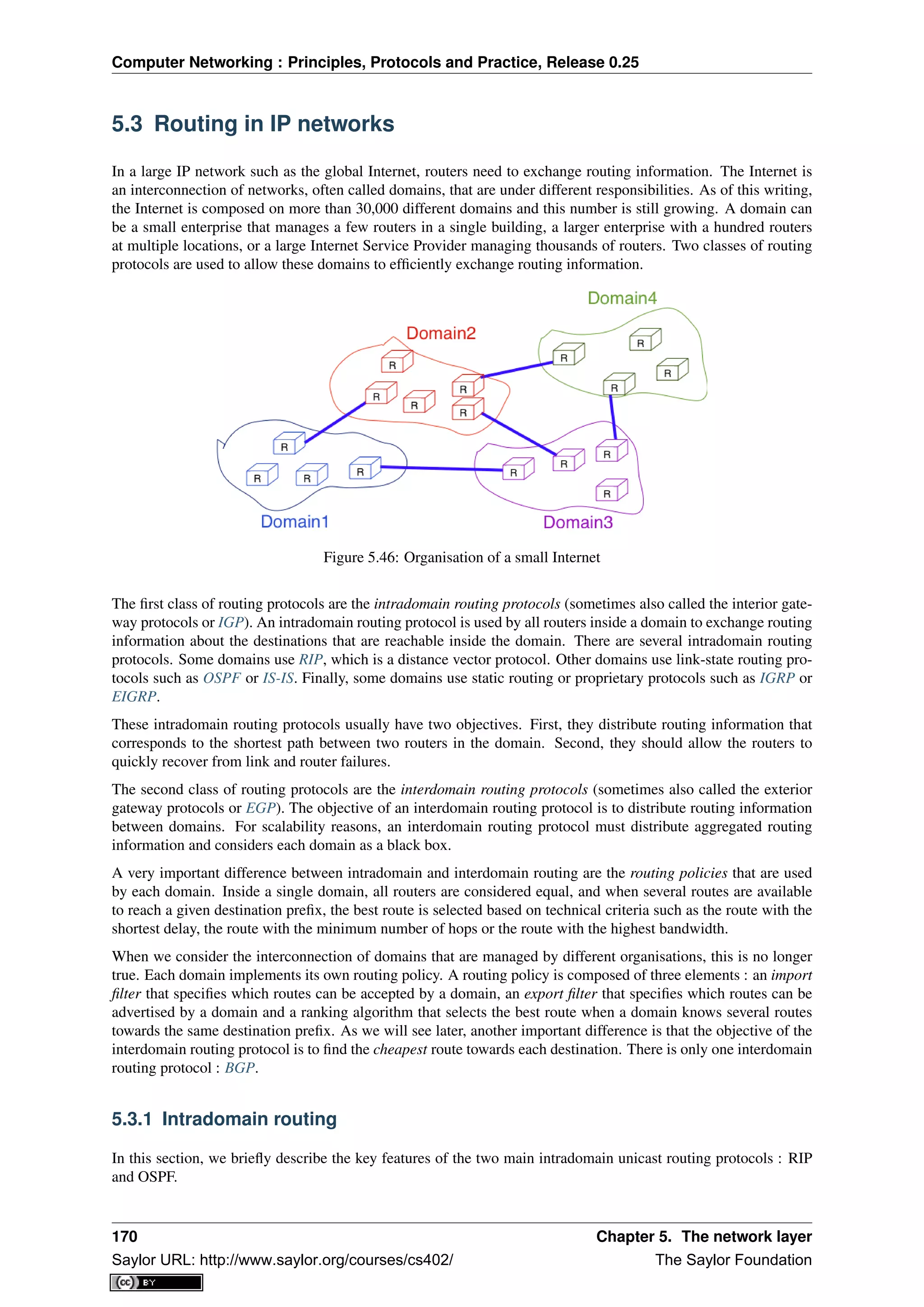 Computer Networking : Principles, Protocols and Practice, Release 0.25
5.3 Routing in IP networks
In a large IP network such as the global Internet, routers need to exchange routing information. The Internet is
an interconnection of networks, often called domains, that are under different responsibilities. As of this writing,
the Internet is composed on more than 30,000 different domains and this number is still growing. A domain can
be a small enterprise that manages a few routers in a single building, a larger enterprise with a hundred routers
at multiple locations, or a large Internet Service Provider managing thousands of routers. Two classes of routing
protocols are used to allow these domains to efﬁciently exchange routing information.
Figure 5.46: Organisation of a small Internet
The ﬁrst class of routing protocols are the intradomain routing protocols (sometimes also called the interior gate-
way protocols or IGP). An intradomain routing protocol is used by all routers inside a domain to exchange routing
information about the destinations that are reachable inside the domain. There are several intradomain routing
protocols. Some domains use RIP, which is a distance vector protocol. Other domains use link-state routing pro-
tocols such as OSPF or IS-IS. Finally, some domains use static routing or proprietary protocols such as IGRP or
EIGRP.
These intradomain routing protocols usually have two objectives. First, they distribute routing information that
corresponds to the shortest path between two routers in the domain. Second, they should allow the routers to
quickly recover from link and router failures.
The second class of routing protocols are the interdomain routing protocols (sometimes also called the exterior
gateway protocols or EGP). The objective of an interdomain routing protocol is to distribute routing information
between domains. For scalability reasons, an interdomain routing protocol must distribute aggregated routing
information and considers each domain as a black box.
A very important difference between intradomain and interdomain routing are the routing policies that are used
by each domain. Inside a single domain, all routers are considered equal, and when several routes are available
to reach a given destination preﬁx, the best route is selected based on technical criteria such as the route with the
shortest delay, the route with the minimum number of hops or the route with the highest bandwidth.
When we consider the interconnection of domains that are managed by different organisations, this is no longer
true. Each domain implements its own routing policy. A routing policy is composed of three elements : an import
ﬁlter that speciﬁes which routes can be accepted by a domain, an export ﬁlter that speciﬁes which routes can be
advertised by a domain and a ranking algorithm that selects the best route when a domain knows several routes
towards the same destination preﬁx. As we will see later, another important difference is that the objective of the
interdomain routing protocol is to ﬁnd the cheapest route towards each destination. There is only one interdomain
routing protocol : BGP.
5.3.1 Intradomain routing
In this section, we brieﬂy describe the key features of the two main intradomain unicast routing protocols : RIP
and OSPF.
170 Chapter 5. The network layer
Saylor URL: http://www.saylor.org/courses/cs402/ The Saylor Foundation
 