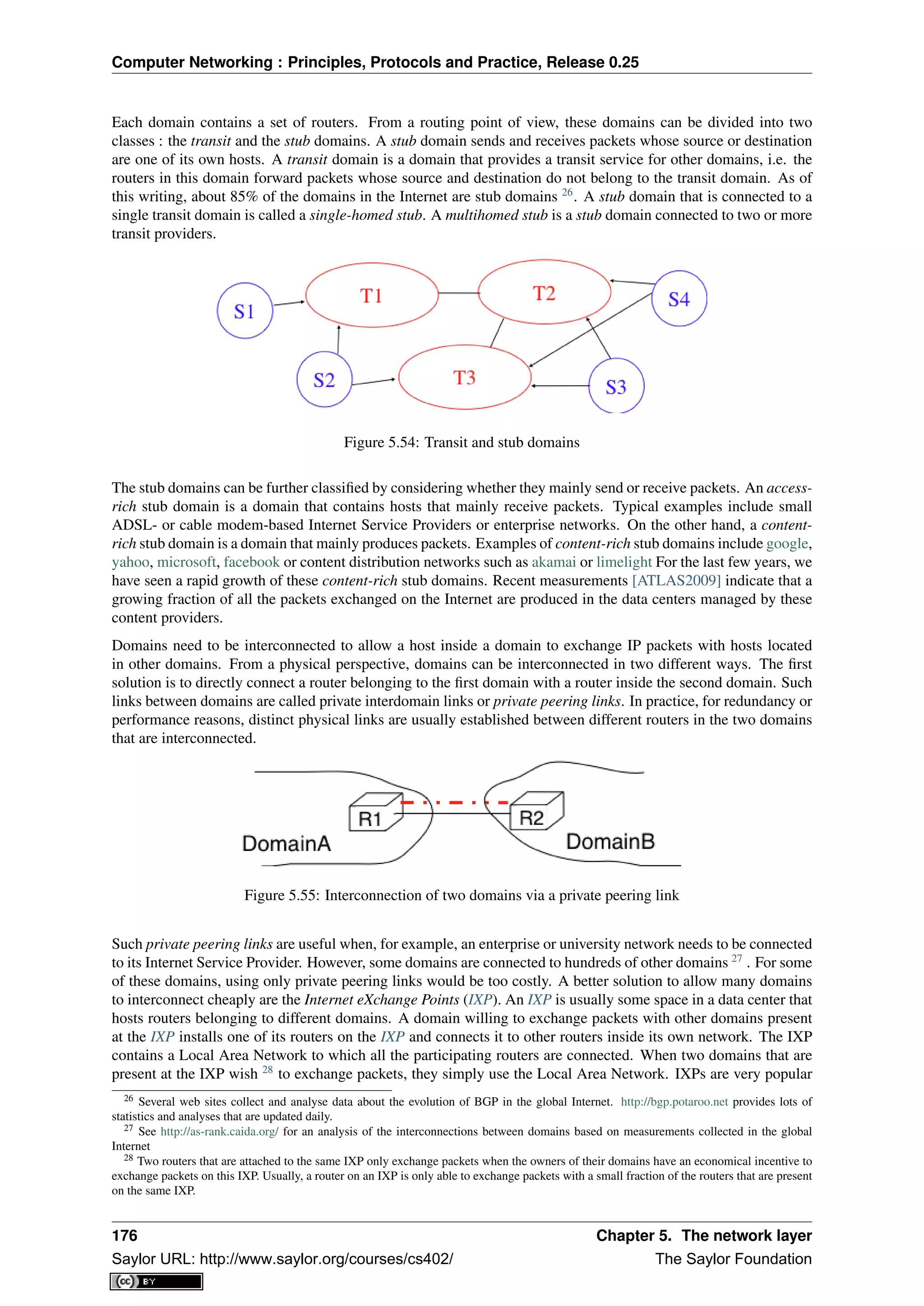 Computer Networking : Principles, Protocols and Practice, Release 0.25
Each domain contains a set of routers. From a routing point of view, these domains can be divided into two
classes : the transit and the stub domains. A stub domain sends and receives packets whose source or destination
are one of its own hosts. A transit domain is a domain that provides a transit service for other domains, i.e. the
routers in this domain forward packets whose source and destination do not belong to the transit domain. As of
this writing, about 85% of the domains in the Internet are stub domains 26
. A stub domain that is connected to a
single transit domain is called a single-homed stub. A multihomed stub is a stub domain connected to two or more
transit providers.
Figure 5.54: Transit and stub domains
The stub domains can be further classiﬁed by considering whether they mainly send or receive packets. An access-
rich stub domain is a domain that contains hosts that mainly receive packets. Typical examples include small
ADSL- or cable modem-based Internet Service Providers or enterprise networks. On the other hand, a content-
rich stub domain is a domain that mainly produces packets. Examples of content-rich stub domains include google,
yahoo, microsoft, facebook or content distribution networks such as akamai or limelight For the last few years, we
have seen a rapid growth of these content-rich stub domains. Recent measurements [ATLAS2009] indicate that a
growing fraction of all the packets exchanged on the Internet are produced in the data centers managed by these
content providers.
Domains need to be interconnected to allow a host inside a domain to exchange IP packets with hosts located
in other domains. From a physical perspective, domains can be interconnected in two different ways. The ﬁrst
solution is to directly connect a router belonging to the ﬁrst domain with a router inside the second domain. Such
links between domains are called private interdomain links or private peering links. In practice, for redundancy or
performance reasons, distinct physical links are usually established between different routers in the two domains
that are interconnected.
Figure 5.55: Interconnection of two domains via a private peering link
Such private peering links are useful when, for example, an enterprise or university network needs to be connected
to its Internet Service Provider. However, some domains are connected to hundreds of other domains 27
. For some
of these domains, using only private peering links would be too costly. A better solution to allow many domains
to interconnect cheaply are the Internet eXchange Points (IXP). An IXP is usually some space in a data center that
hosts routers belonging to different domains. A domain willing to exchange packets with other domains present
at the IXP installs one of its routers on the IXP and connects it to other routers inside its own network. The IXP
contains a Local Area Network to which all the participating routers are connected. When two domains that are
present at the IXP wish 28
to exchange packets, they simply use the Local Area Network. IXPs are very popular
26 Several web sites collect and analyse data about the evolution of BGP in the global Internet. http://bgp.potaroo.net provides lots of
statistics and analyses that are updated daily.
27 See http://as-rank.caida.org/ for an analysis of the interconnections between domains based on measurements collected in the global
Internet
28 Two routers that are attached to the same IXP only exchange packets when the owners of their domains have an economical incentive to
exchange packets on this IXP. Usually, a router on an IXP is only able to exchange packets with a small fraction of the routers that are present
on the same IXP.
176 Chapter 5. The network layer
Saylor URL: http://www.saylor.org/courses/cs402/ The Saylor Foundation
 